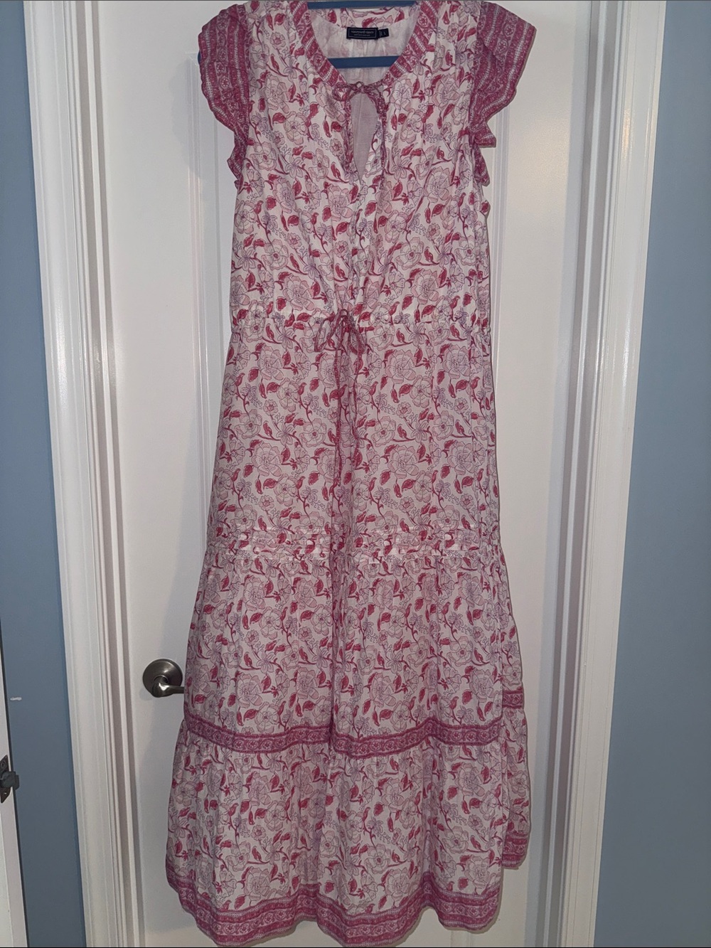Vineyard Vines Pink and White Floral Tiered Tie-Waist Maxi Dress
